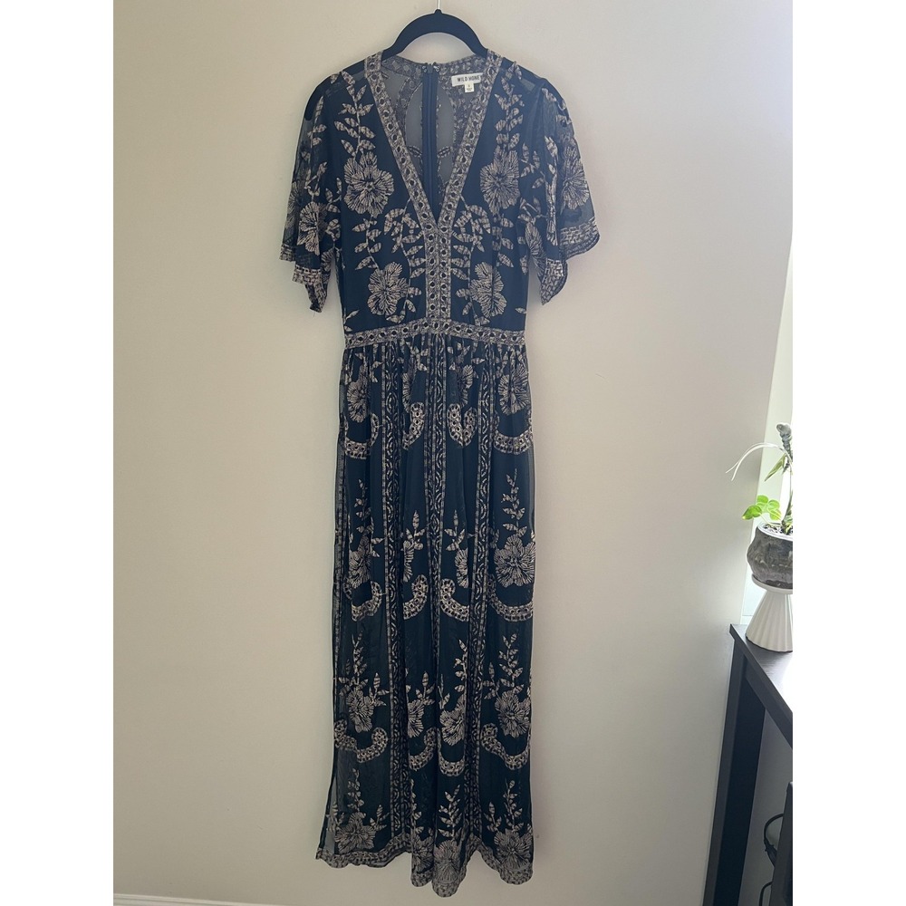 Wild Honey Dress Small Blue Floral Embroidered Mesh Maxi Flutter Sleeve Boho